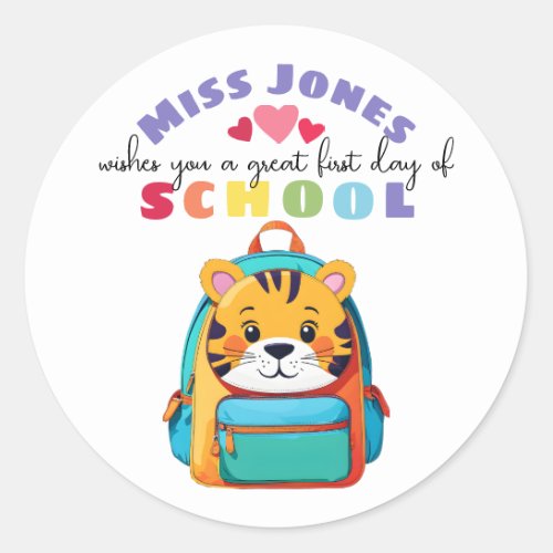 teacher first day of term class welcome cute tiger classic round sticker