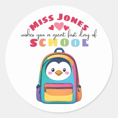 teacher first day of term class welcome penguin classic round sticker