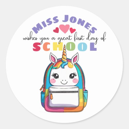 teacher first day of term class welcome unicorn classic round sticker