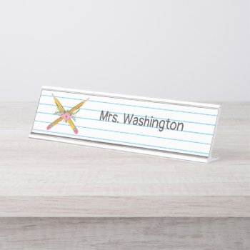 Teacher Floral Yellow Pencils Notebook Stripes Desk Name Plate by thepinkschoolhouse at Zazzle