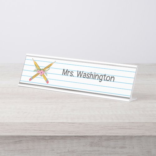 Teacher Floral Yellow Pencils Notebook Stripes Desk Name Plate