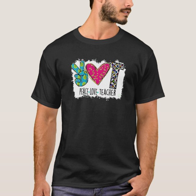 Teacher Fun Peace Love Teacher Colorful Leopard   T-Shirt (Front)
