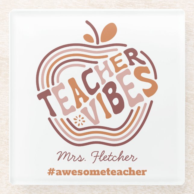 Teacher Gift Apple Boho Glass Coaster (Front)