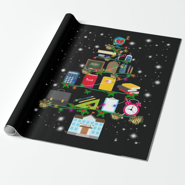 Teacher Gift | Christmas tree with school related Wrapping Paper (Unrolled)