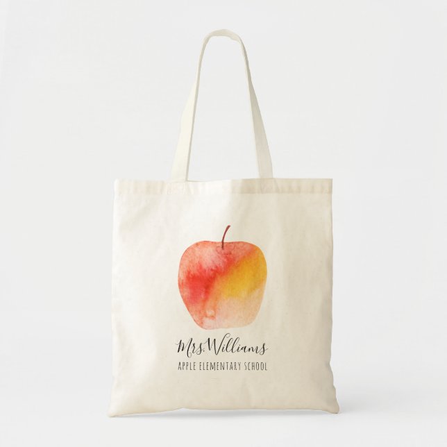 Teacher Gift Custom Name Watercolor Apple Tote Bag (Front)
