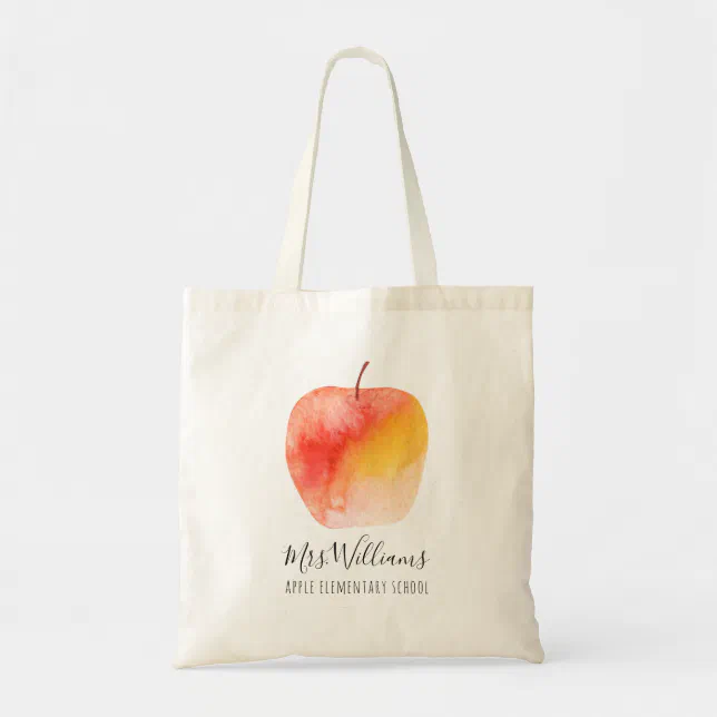 Teacher Gift Custom Name Watercolor Apple Tote Bag | Zazzle