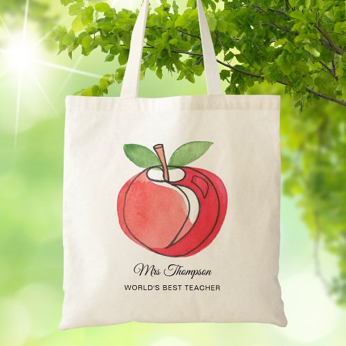 Teacher Gift Custom Name Watercolor Apple Tote Bag