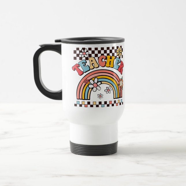 Teacher gift groovy boho rainbow checkerboard  travel mug (Left)