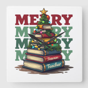 Teacher Gift Merry Christmas Teacher Books Square Wall Clock