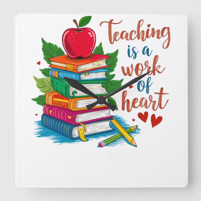 Teacher Gift | Teaching Is A Work Of Heart Square Wall Clock (Front)