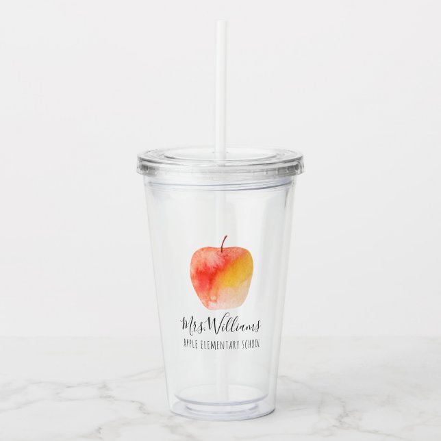 Teacher Gift Watercolor Apple Personalized Name Acrylic Tumbler (Front)