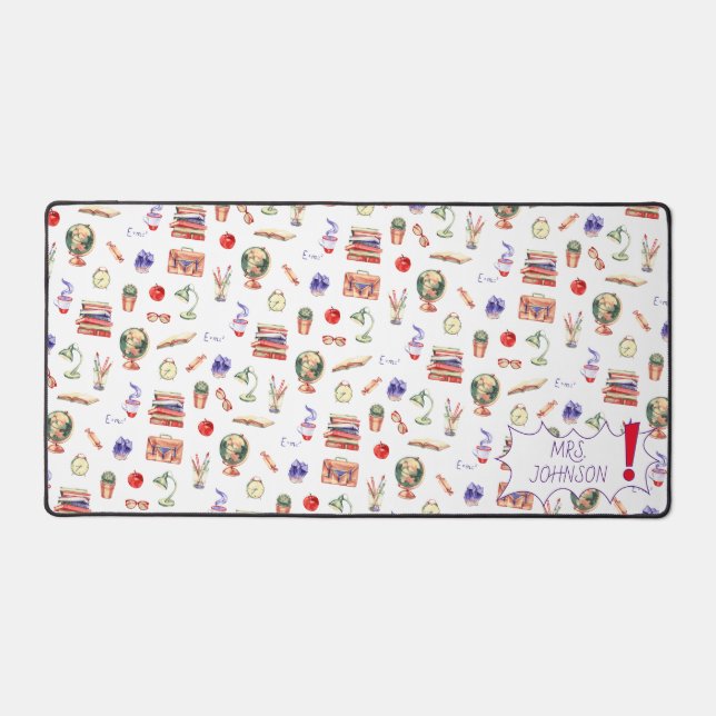 Teacher Gift Watercolor School Supply Script Name Desk Mat (Front)