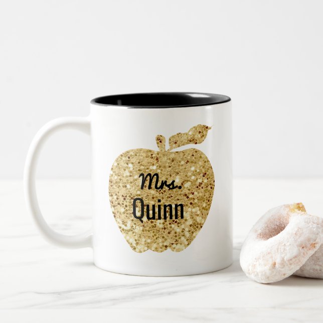 Teacher Glam Faux Sequin Gold Apple Personalized Two-Tone Coffee Mug (With Donut)