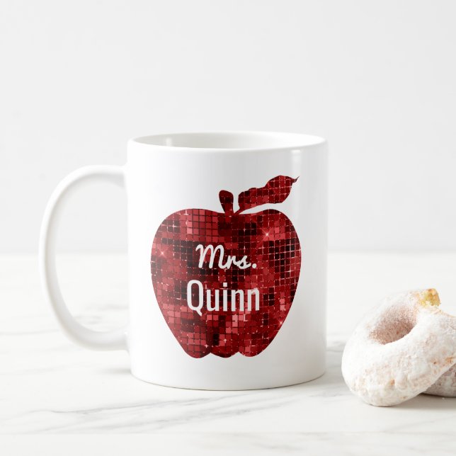 Teacher Glam Faux Sequin Red Apple Personalized Coffee Mug (With Donut)