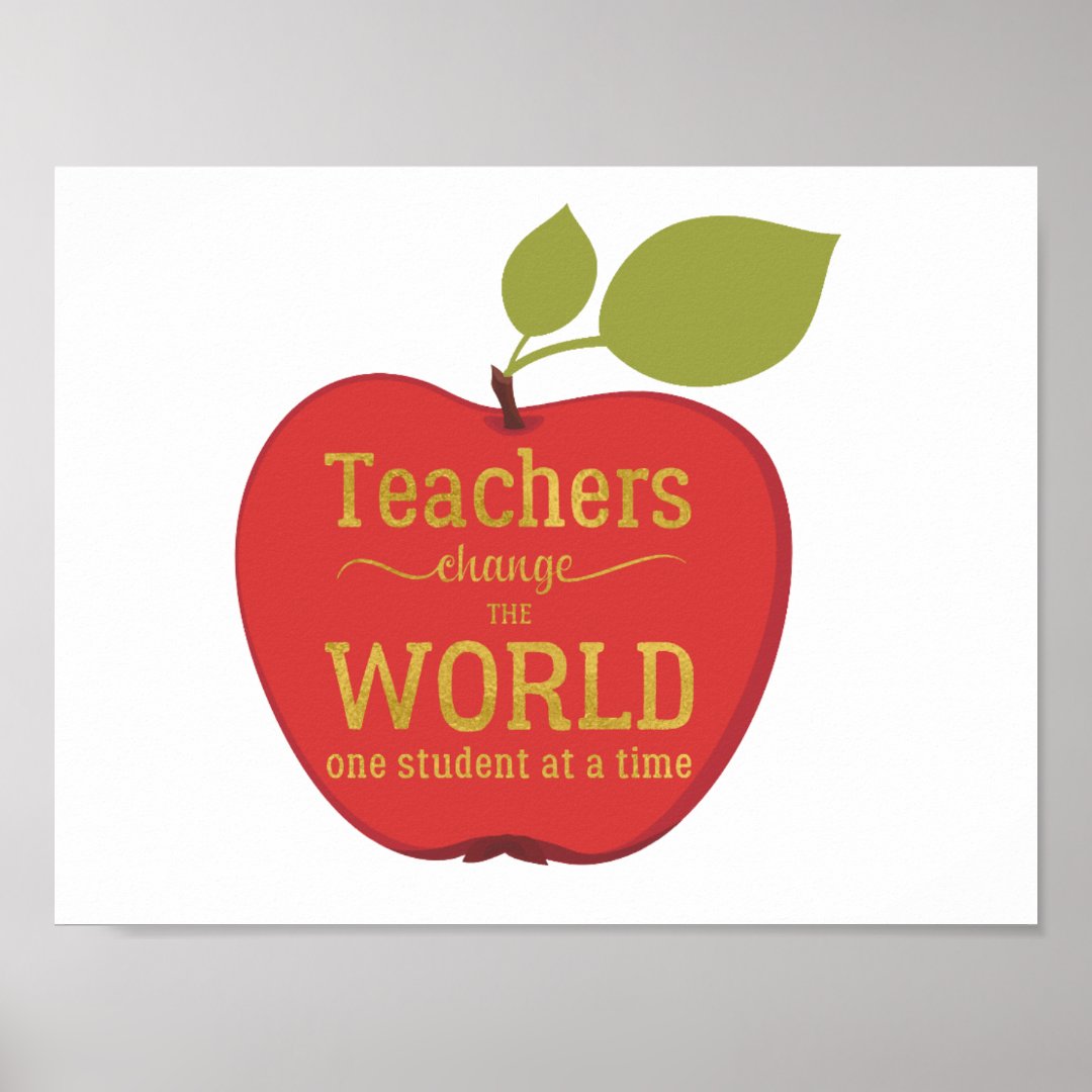 Teacher gold typography quote with big red apple poster | Zazzle