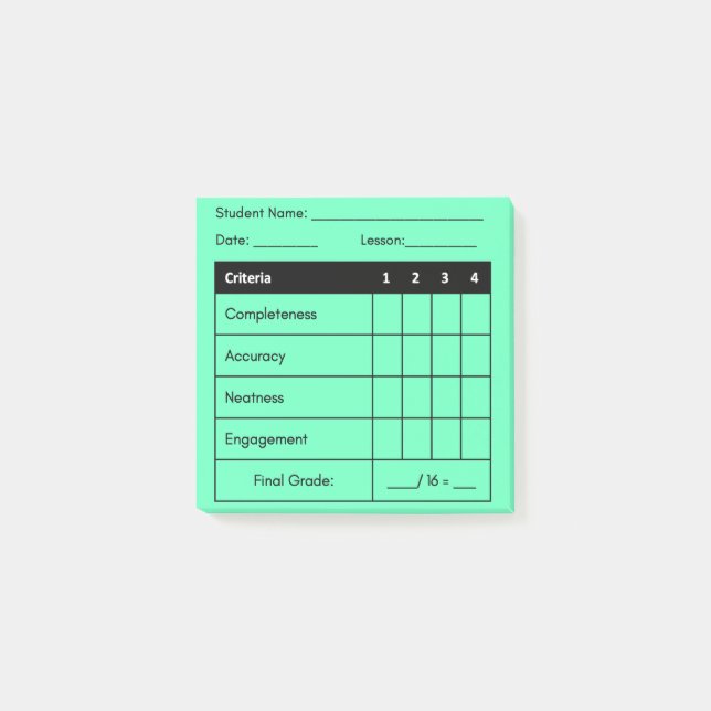 Teacher Grading Rubric Classwork Green Post It   Post-it Notes (Front)