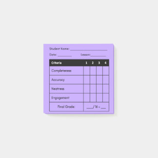 Teacher Grading Rubric for Classwork in Purple Post-it Notes