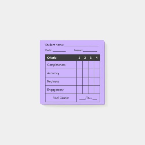 Teacher Grading Rubric for Classwork in Purple  Post_it Notes