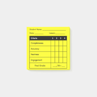 Teacher Grading Rubric for Classwork in Yellow Post-it Notes