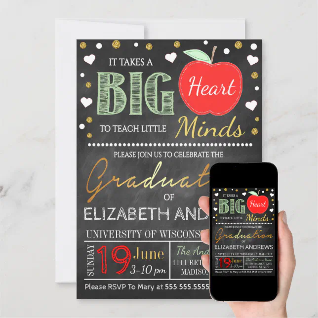 Teacher Graduation Chalkboard Takes a Big Heart Invitation | Zazzle