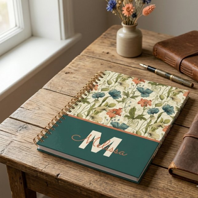 Teacher Graduation Wildflower Botanical Gift Planner (Vintage teal and orange wildflower pattern notebook — a perfect graduation gift for her or teacher.)