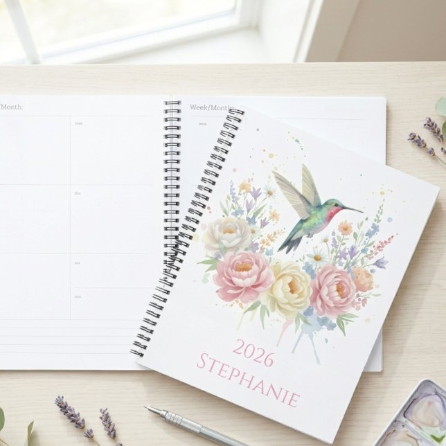 Teacher Graduation Wildflower Hummingbird Gift Planner (Watercolor hummingbird and peony bouquet — perfect graduation gift for a teacher or daughter.)