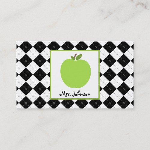 Teacher Green Apple Black Argyle Business Card Templates