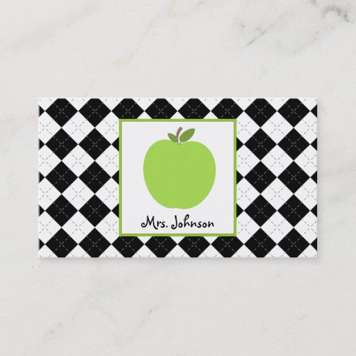 Customizable Teacher Green Apple Black Argyle Business Card Templates
