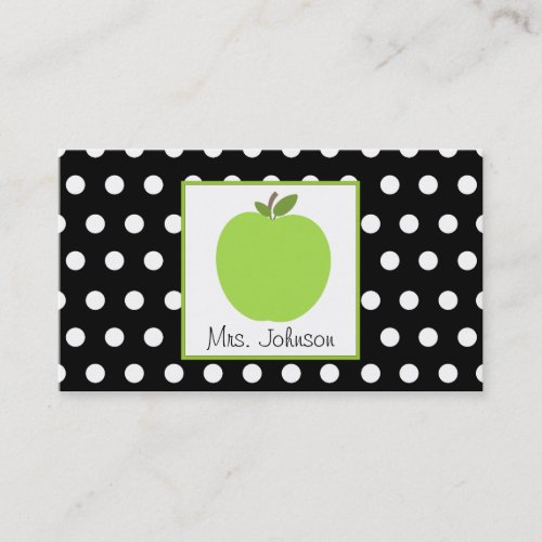 Teacher Green Apple Black With White Polka Dots Business Card