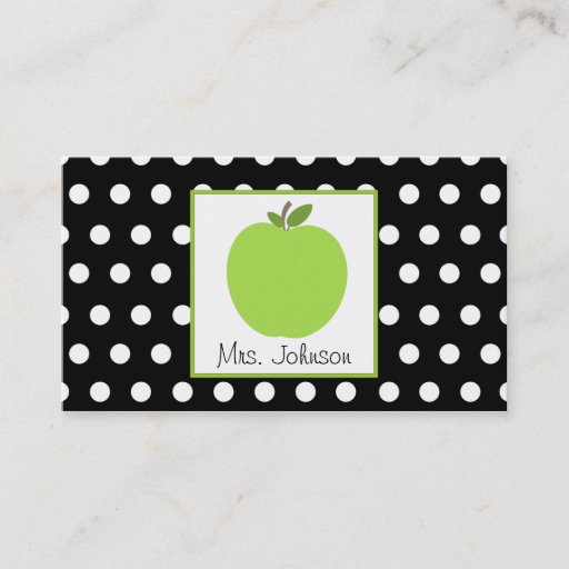 Customizable Teacher Green Apple Black With White Polka Dots Business Card Templates