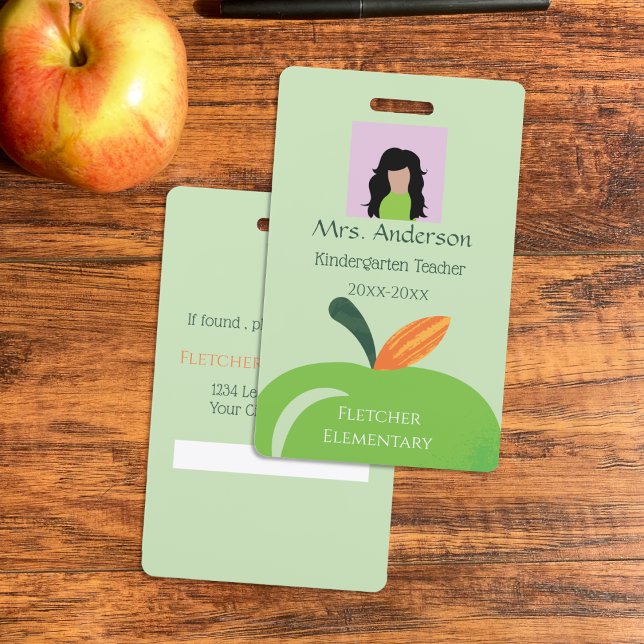 Teacher Green Apple Photo ID Badge (Bold apple green vertical teacher photo ID badge .)