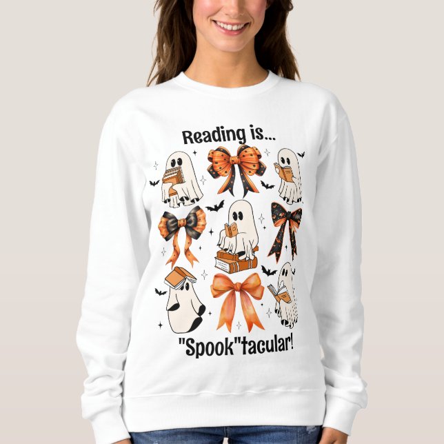 Teacher Halloween Coquette Bows and Reading Ghosts Sweatshirt (Front)