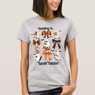 Teacher Halloween Coquette Bows and Reading Ghosts T-Shirt