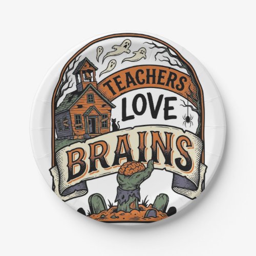 Teacher Halloween Shirt Teachers Love Brains_1 Paper Plates