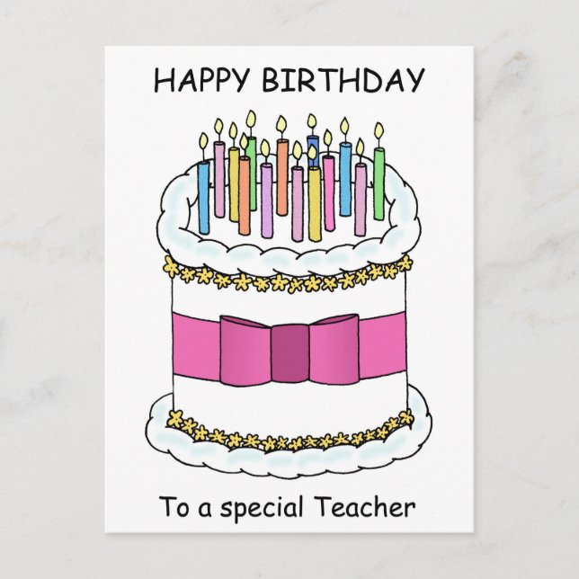 Teacher Happy Birthday Cartoon Cake Postcard (Front)