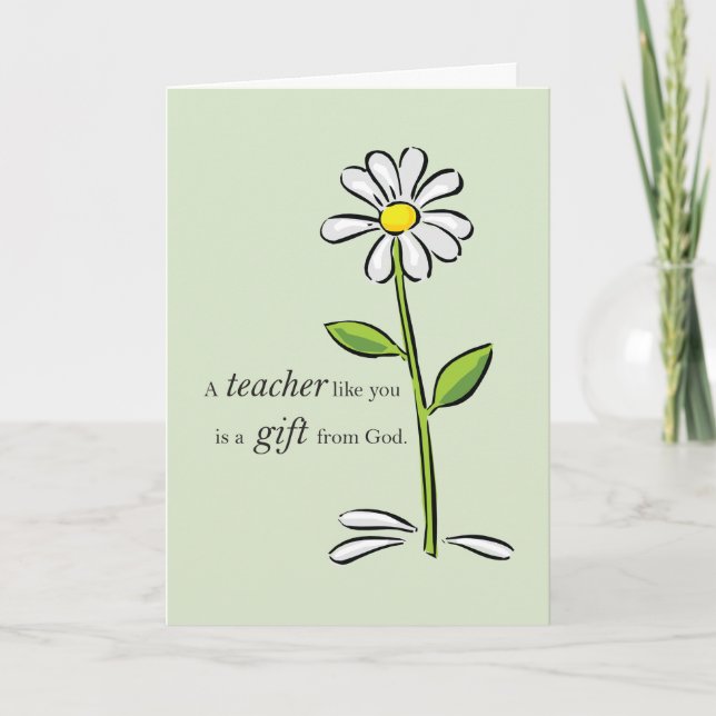 Teacher Happy Birthday, Religious Green Daisy, God Card (Front)