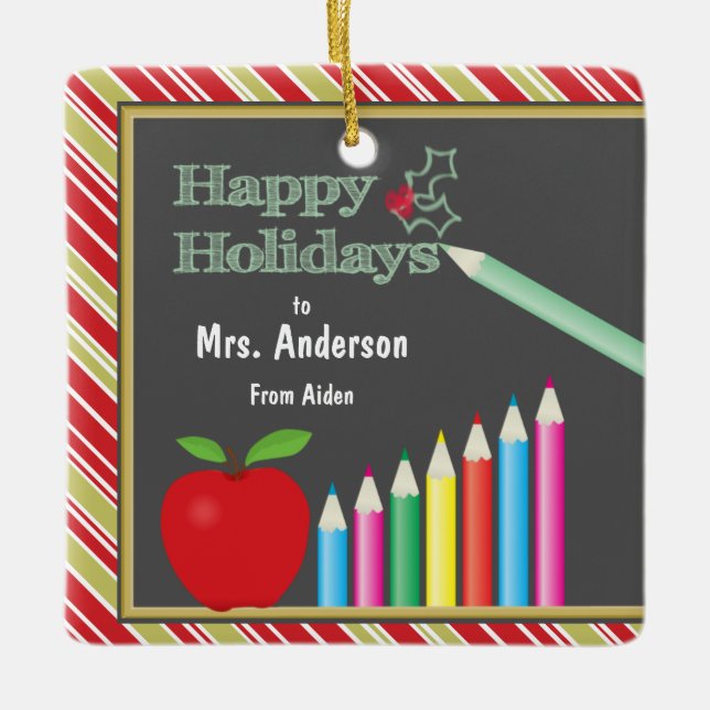 Teacher Happy Holidays Chalkboard Apple Ceramic Ornament (Front)