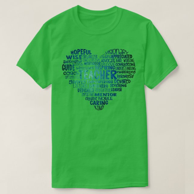 Teacher Heart Word Cloud Blue T-Shirt (Design Front)