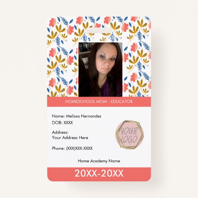 Teacher Homeschooling School Mom ID Botanical  Badge (Front)