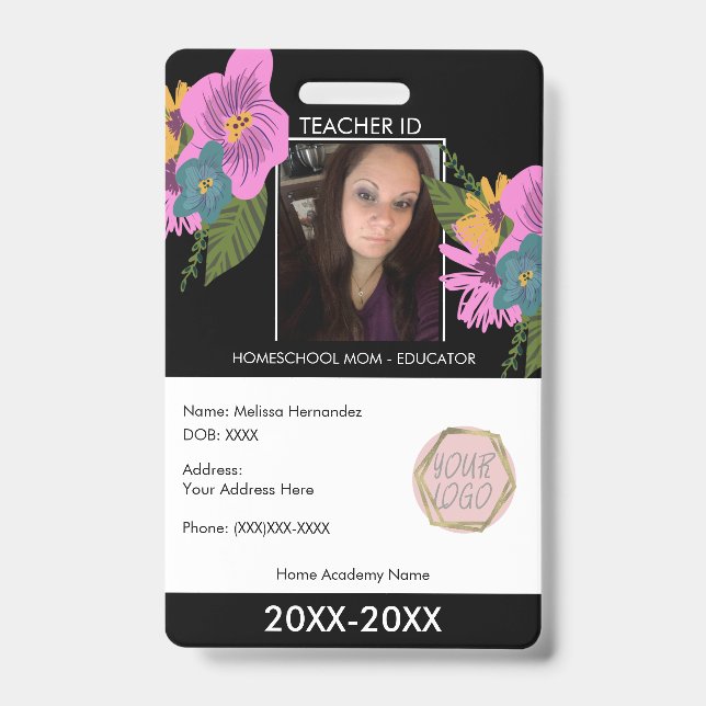 Teacher Homeschooling School Mom ID Floral Badge (Front)