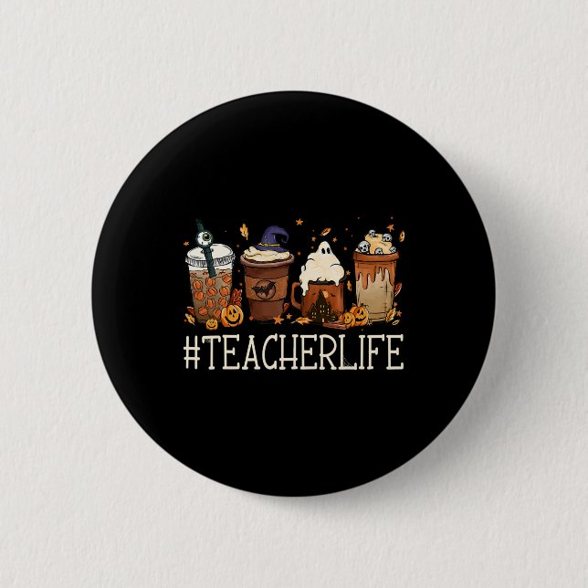 Teacher Horror Fall Coffee Spooky Halloween Pumpki Button (Front)