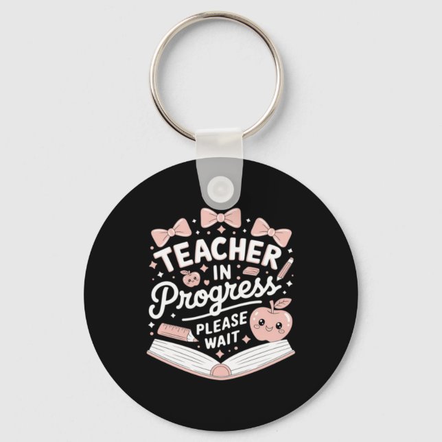 Teacher In Training Pink Bow Apple Please Wait Keychain (Front)