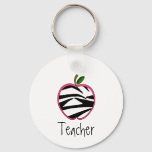 Teacher Keychain -Zebra Print Apple w Pink Outline