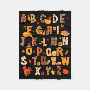 Teacher Kids Alphabet Turkey Pumpkin Autumn Thanks Fleece Blanket