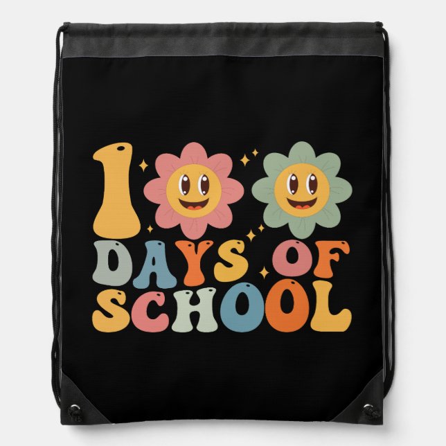 Teacher Kids Retro Groovy 100 Days 0f School  Drawstring Bag (Front)