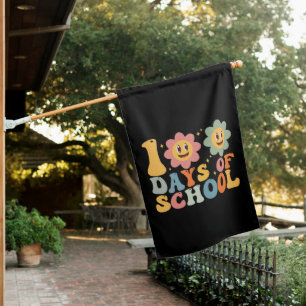 Teacher Kids Retro Groovy 100 Days 0f School House Flag