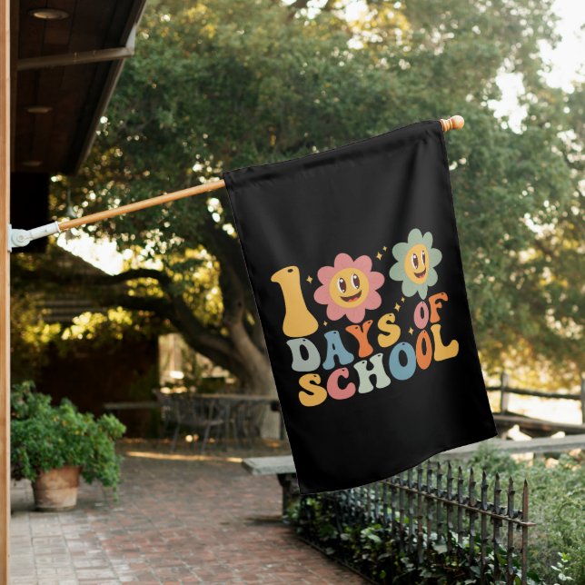 Teacher Kids Retro Groovy 100 Days 0f School  House Flag (In SItu)