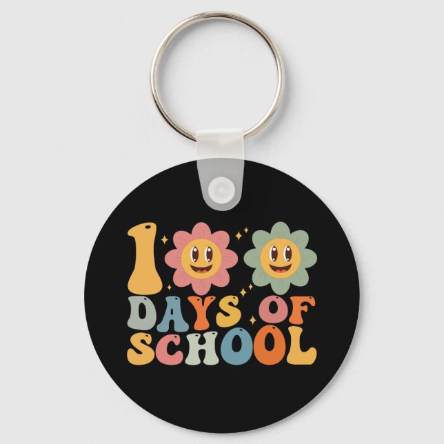Teacher Kids Retro Groovy 100 Days 0f School  Keychain (Front)