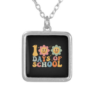Teacher Kids Retro Groovy 100 Days 0f School  Silver Plated Necklace