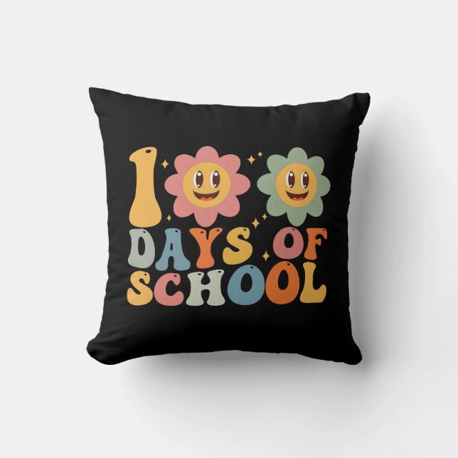 Teacher Kids Retro Groovy 100 Days 0f School  Throw Pillow (Front)